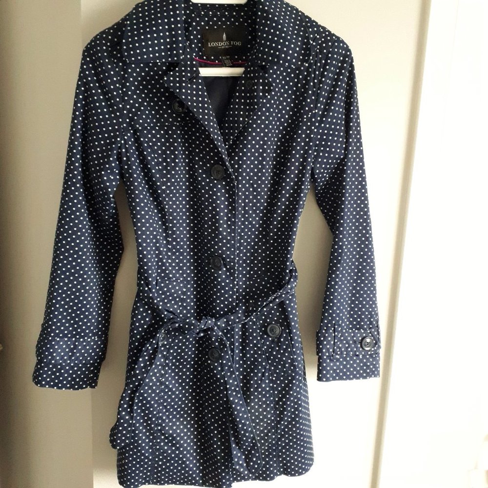 London Fog Trench Coat Navy Blue Polka Dot